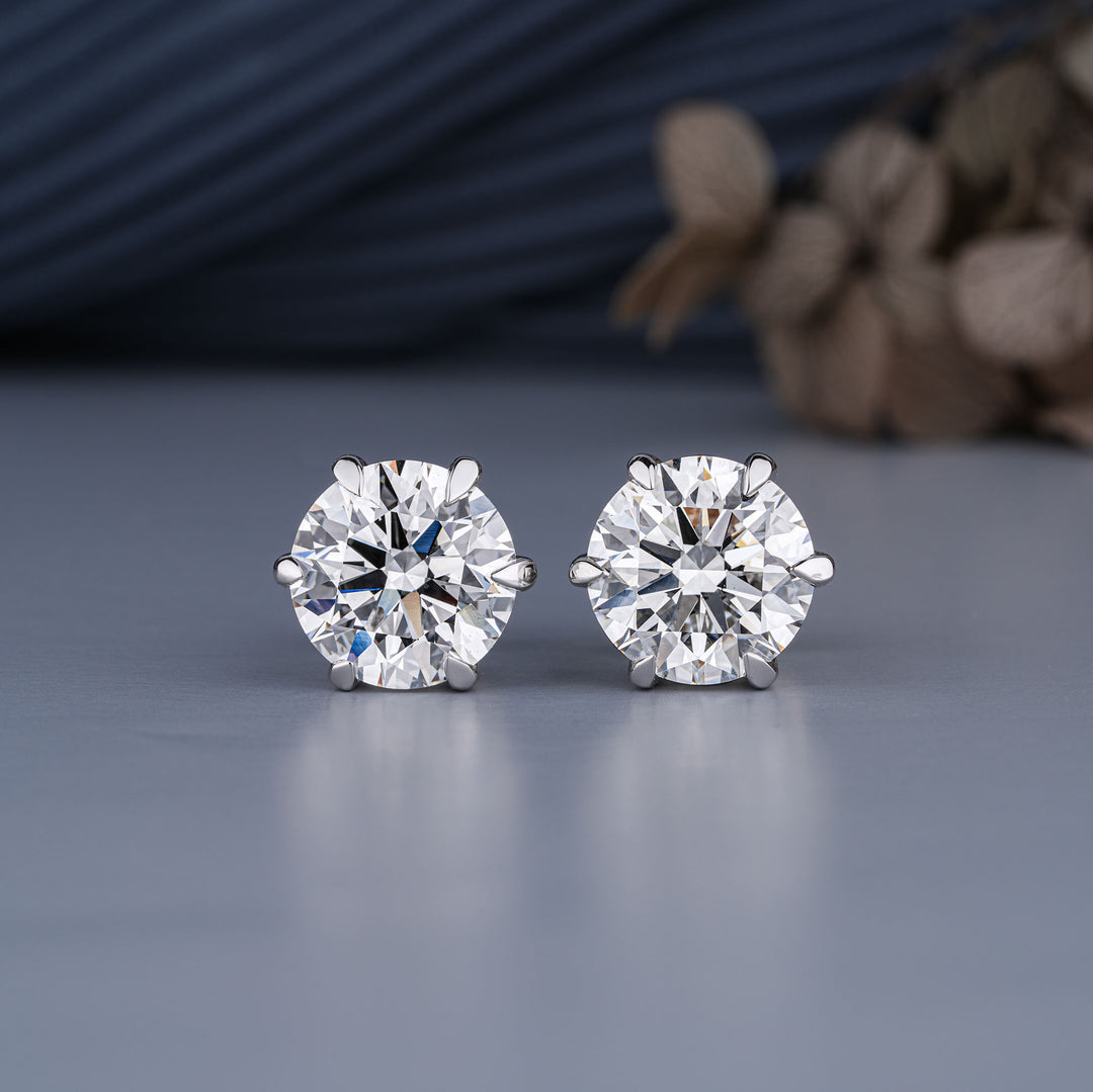 18K White Gold Round Cut 6-Prong Certified Diamond Stud Earrings