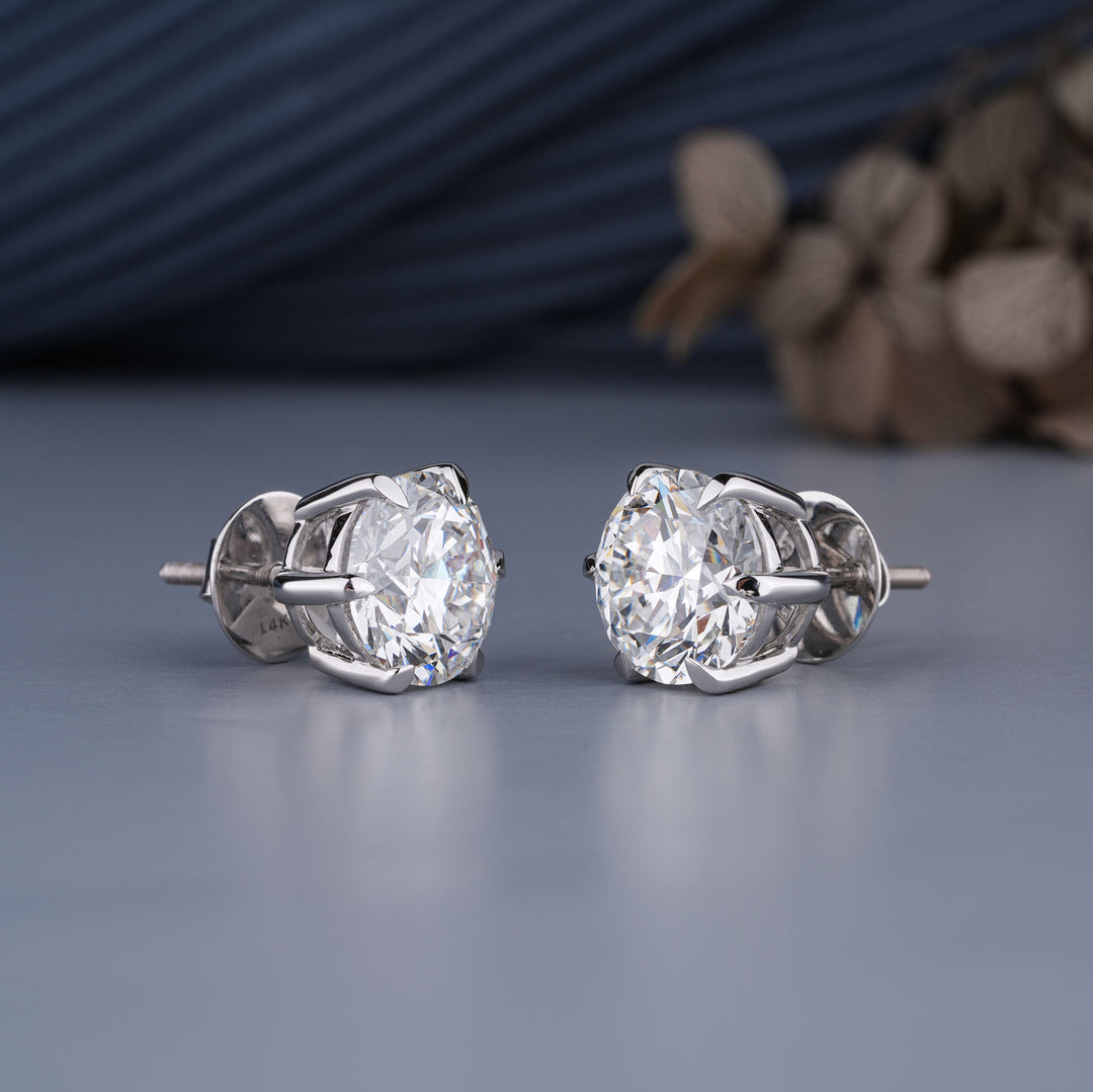 18K White Gold Round Cut 6-Prong Certified Diamond Stud Earrings