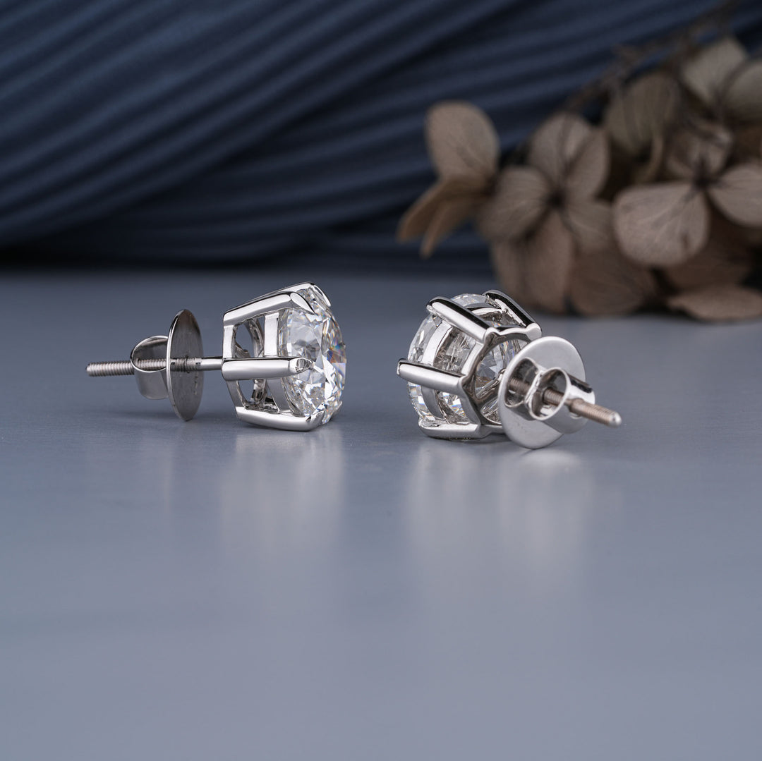 18K White Gold Round Cut 6-Prong Certified Diamond Stud Earrings