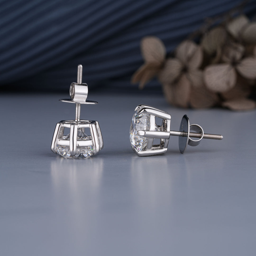 18K White Gold Round Cut 6-Prong Certified Diamond Stud Earrings