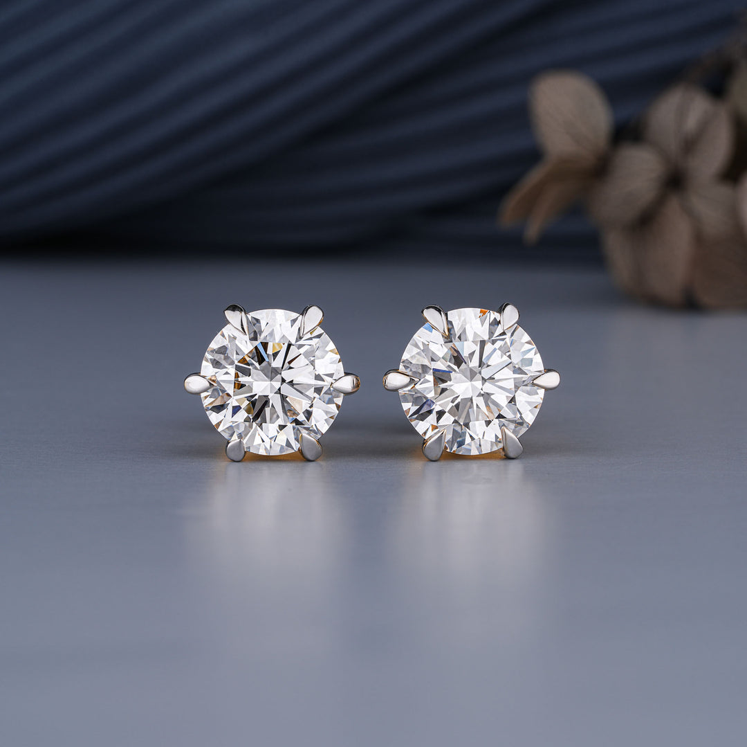 18K Yellow Gold Round Cut Diamond 6-Prong Stud Earrings