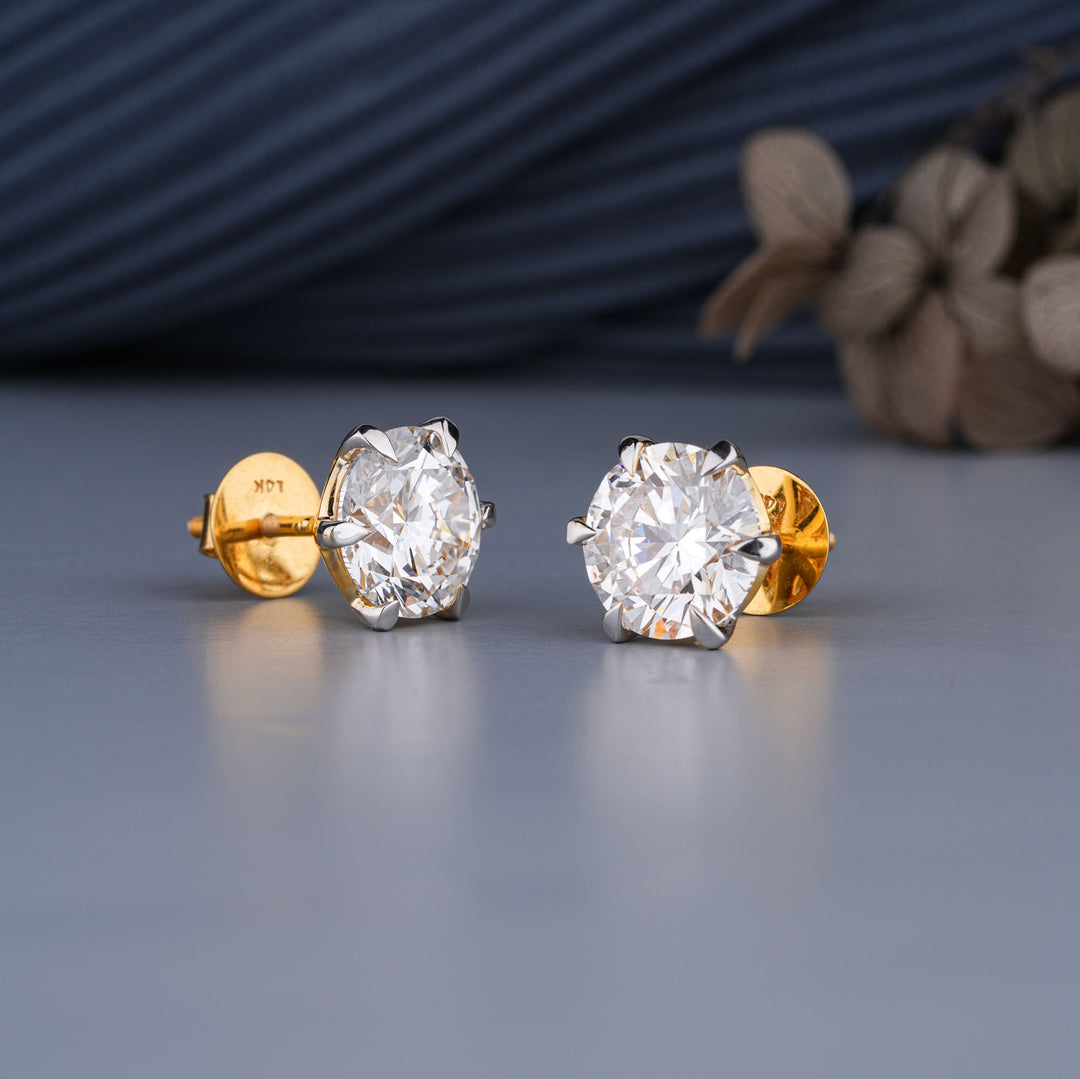 10K Yellow Gold Round Cut Diamond 6-Prong Stud Earrings