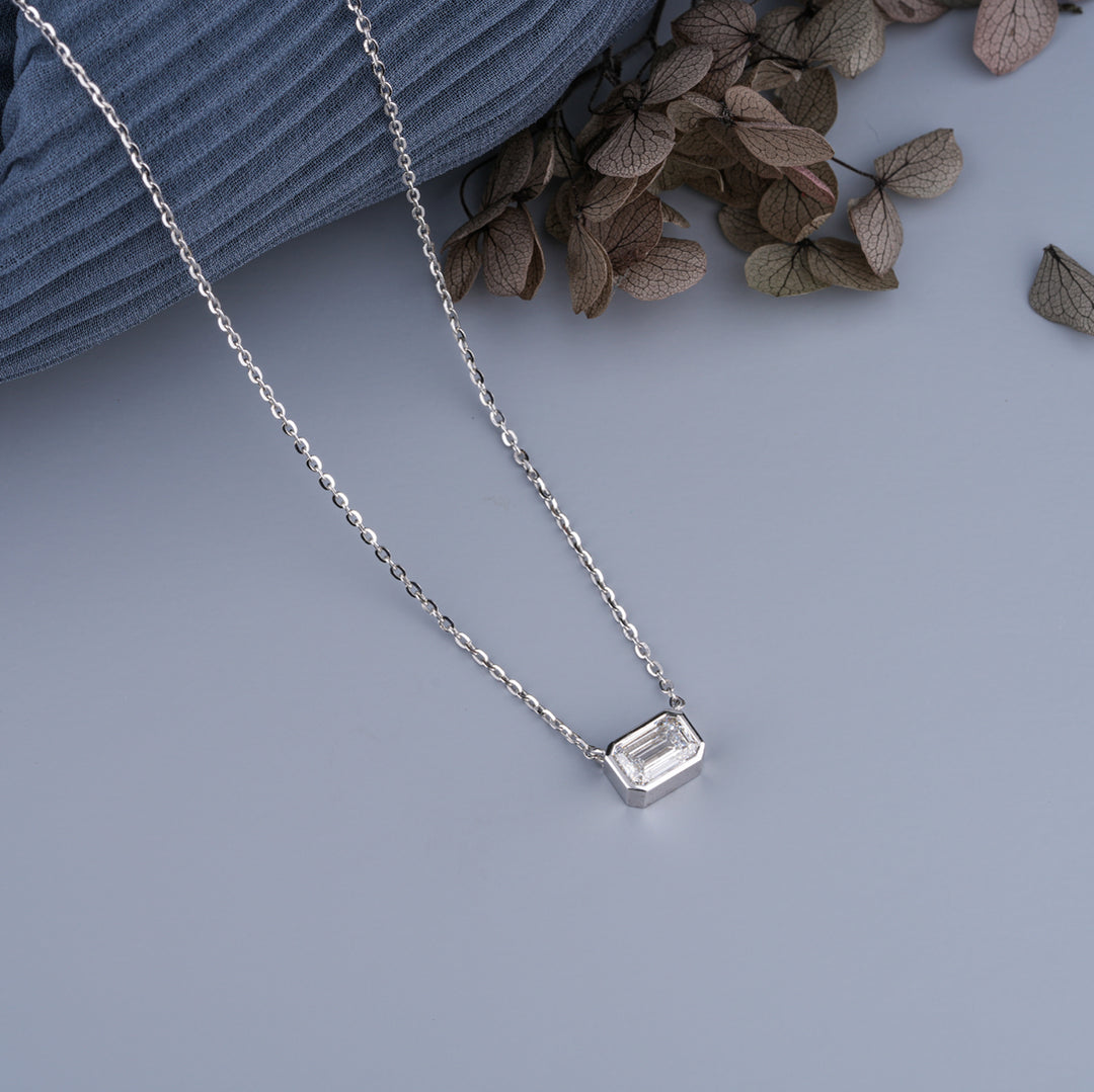 10K White Gold Emerald Cut Diamond Bezel Solitaire Pendant Necklace