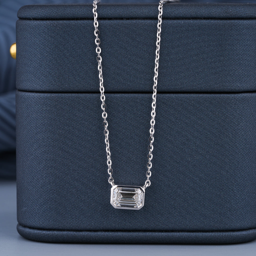 10K White Gold Emerald Cut Diamond Bezel Solitaire Pendant Necklace