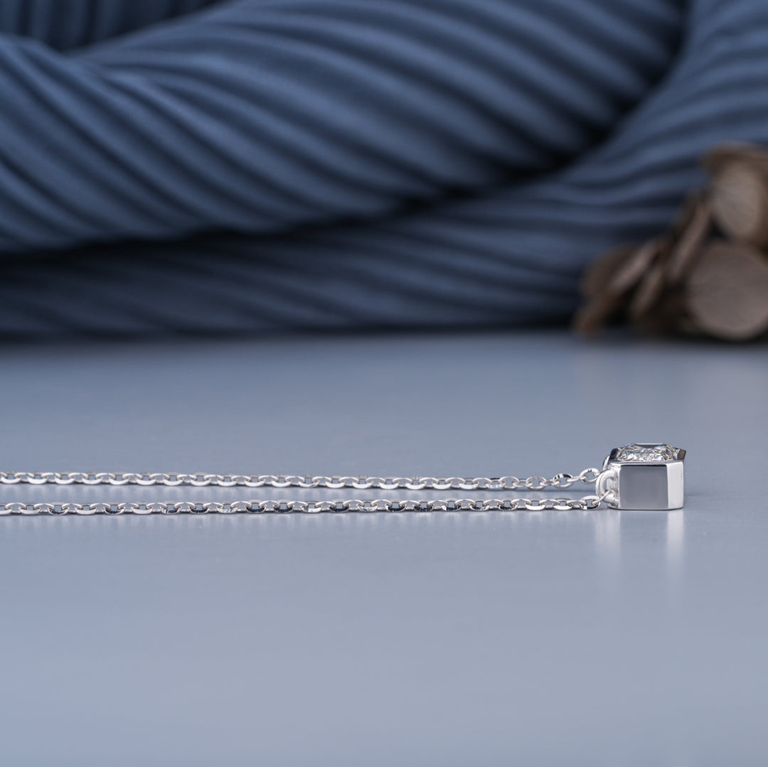 10K White Gold Emerald Cut Diamond Bezel Solitaire Pendant Necklace