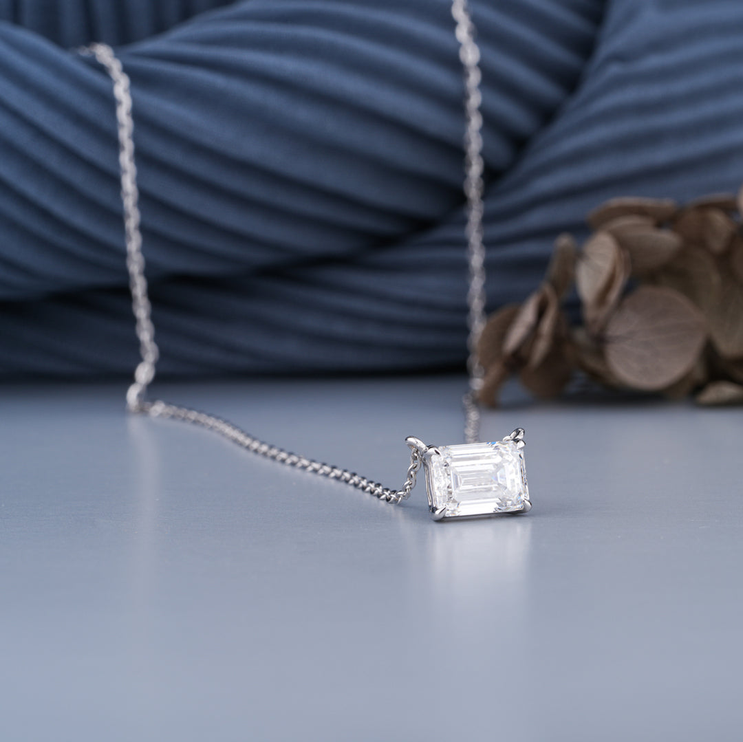 10K White Gold Emerald Cut Diamond Four Prong Solitaire Pendant Necklace