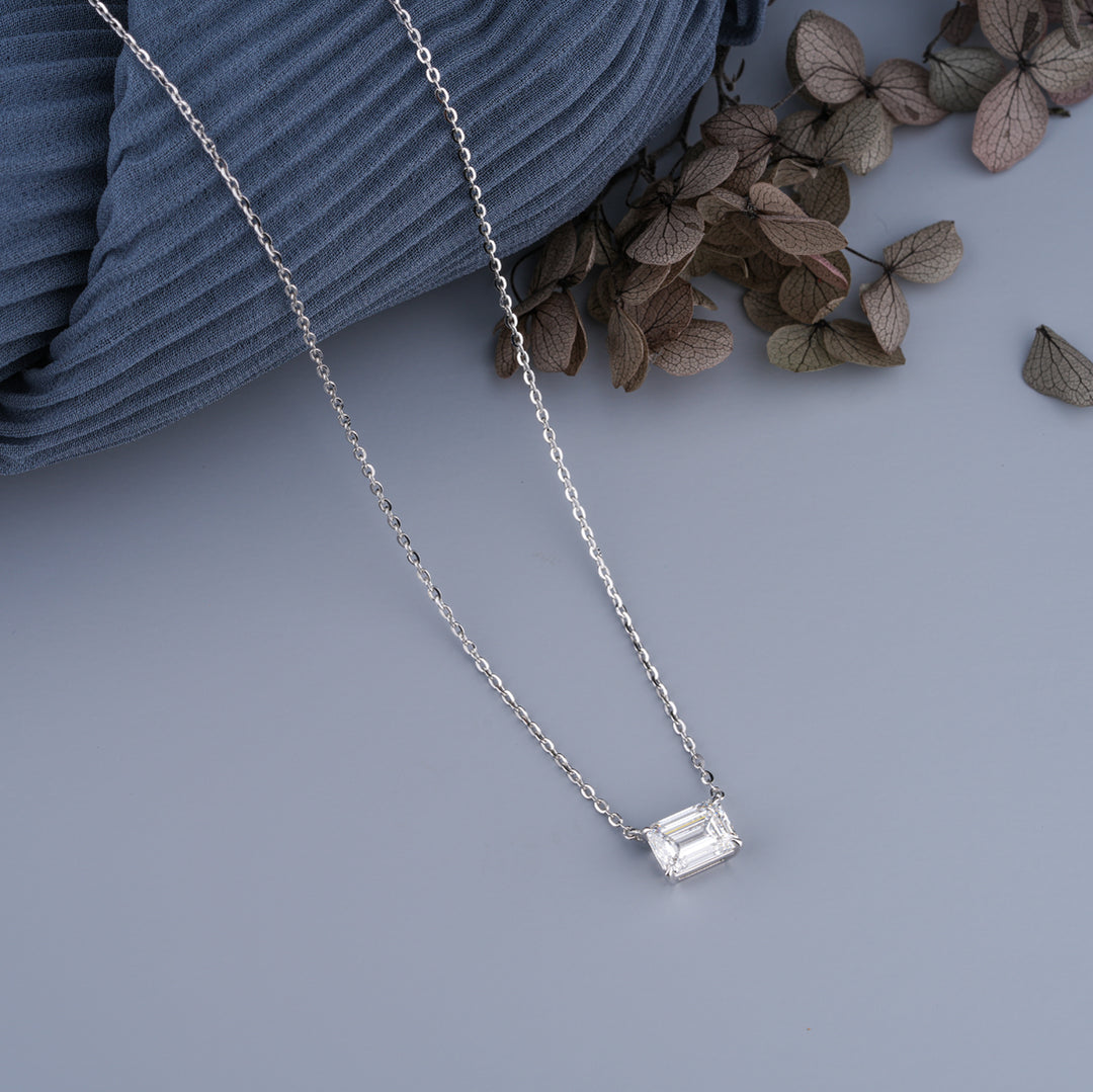 10K White Gold Emerald Cut Diamond Four Prong Solitaire Pendant Necklace