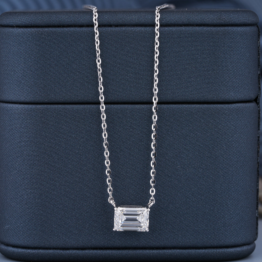 18K White Gold Emerald Cut Diamond Four Prong Solitaire Pendant Necklace