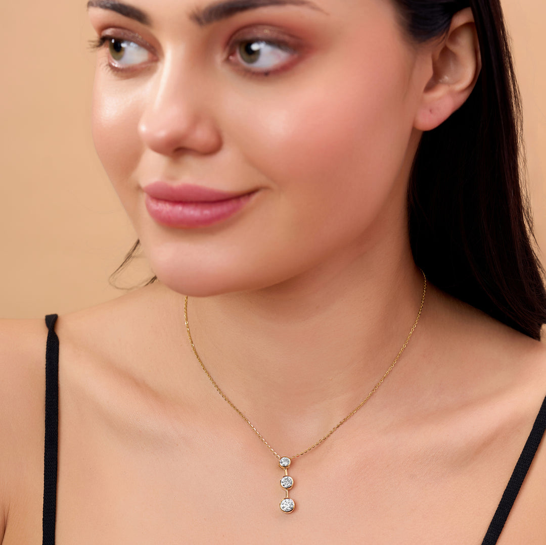 IGI Certified CVD Diamond Pendant – 14K Gold, Three Stone Design