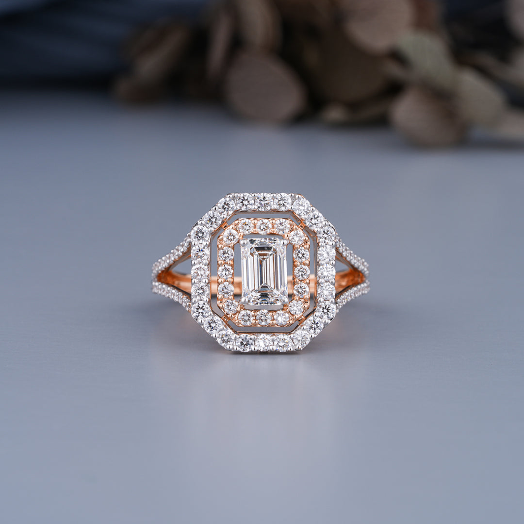 10K Rose Gold Emerald And Round Shaped Split Double Halo Diamond Ring