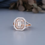 Load image into Gallery viewer, 10K Rose Gold Emerald And Round Shaped Split Double Halo Diamond Ring
