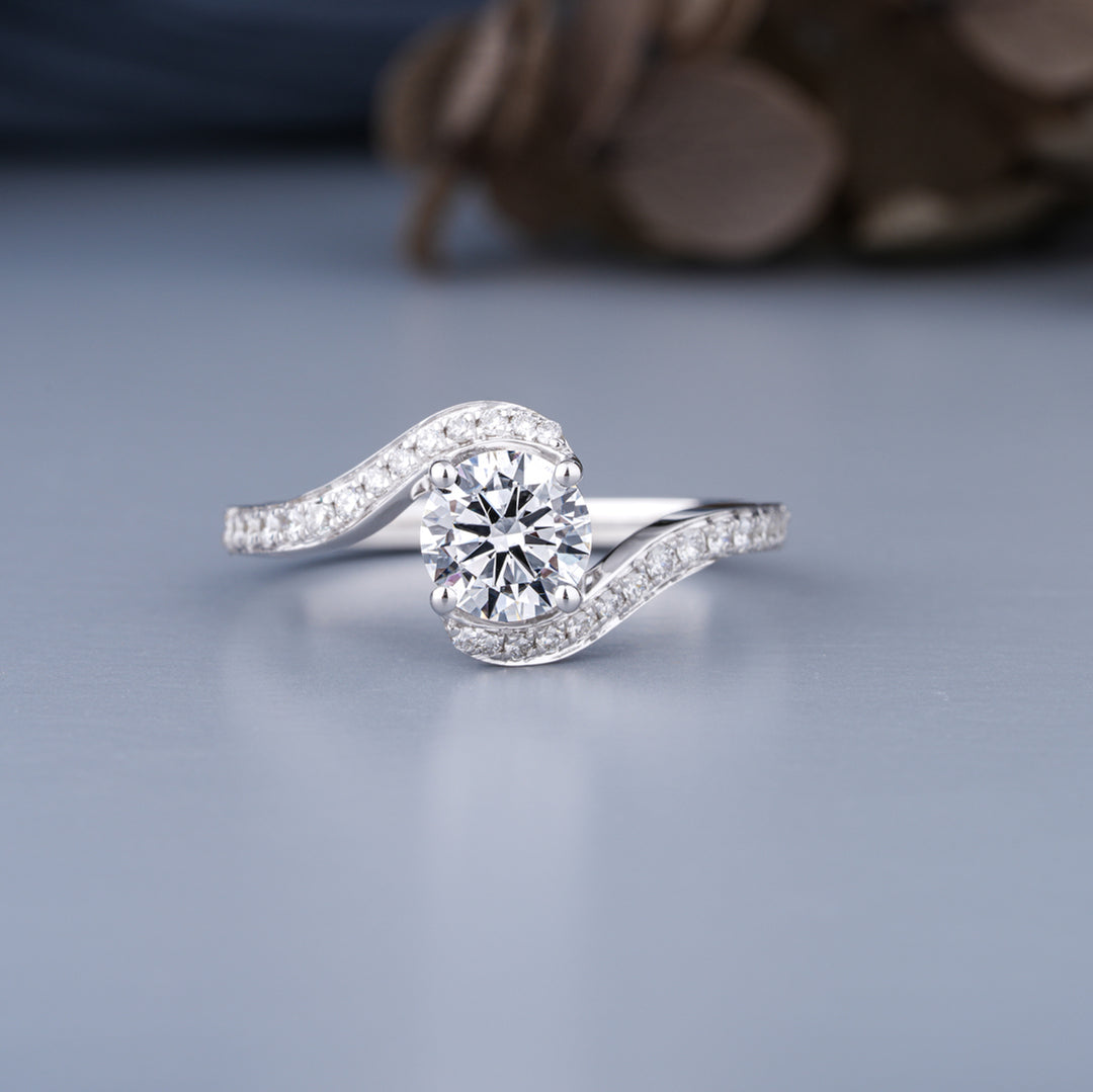 10K White Gold Petite Swirl Solitaire Diamond Engagement Ring