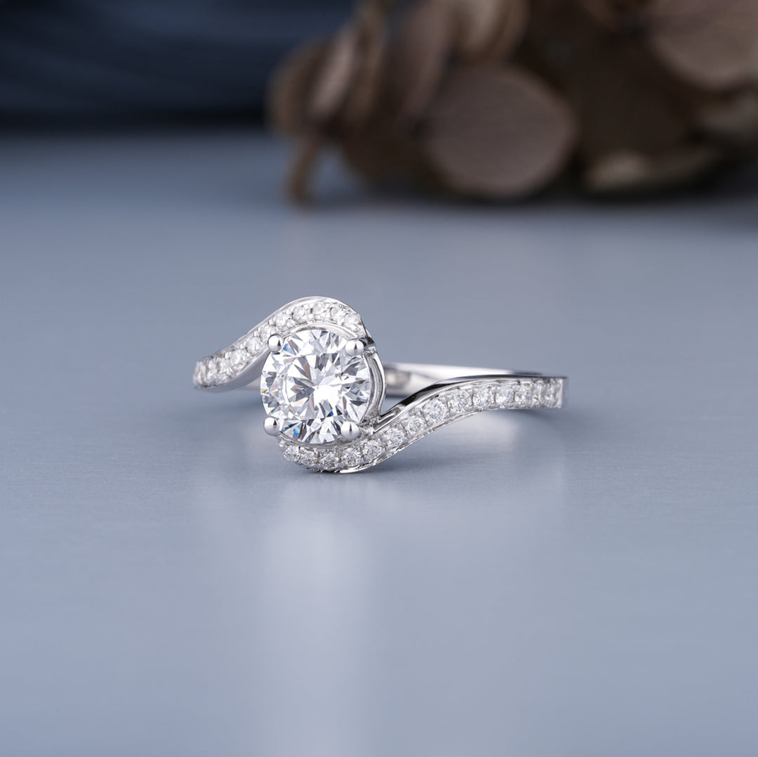 10K White Gold Petite Swirl Solitaire Diamond Engagement Ring