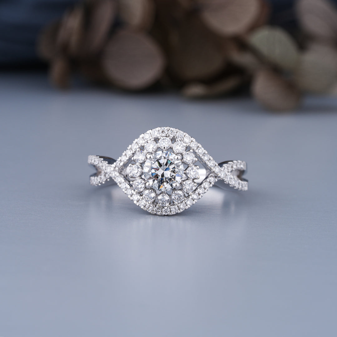 10K White Gold Pave Halo Vintage Engagement Ring