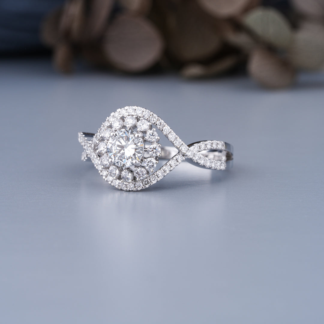 14K White Gold Pave Halo Vintage Engagement Ring