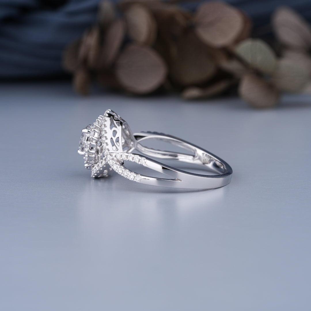 18K White Gold Pave Halo Vintage Engagement Ring