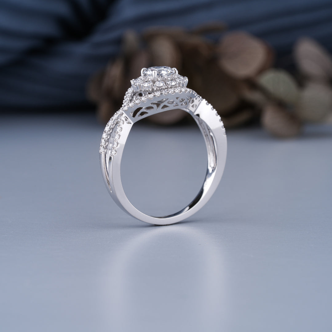 10K White Gold Pave Halo Vintage Engagement Ring