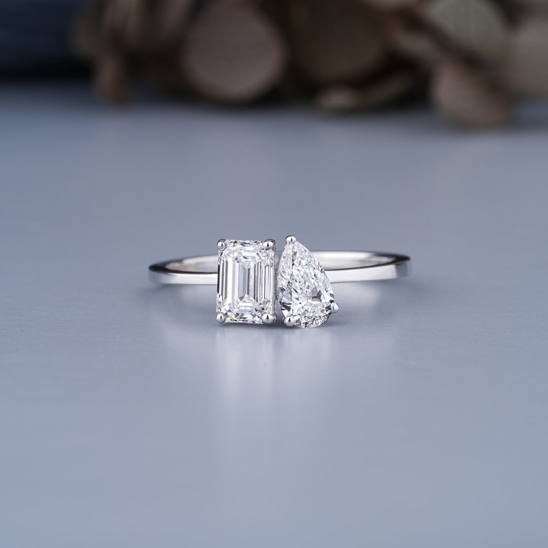 10K White Gold Emerald and Pear Cut Diamond Toi-et-Moi Ring