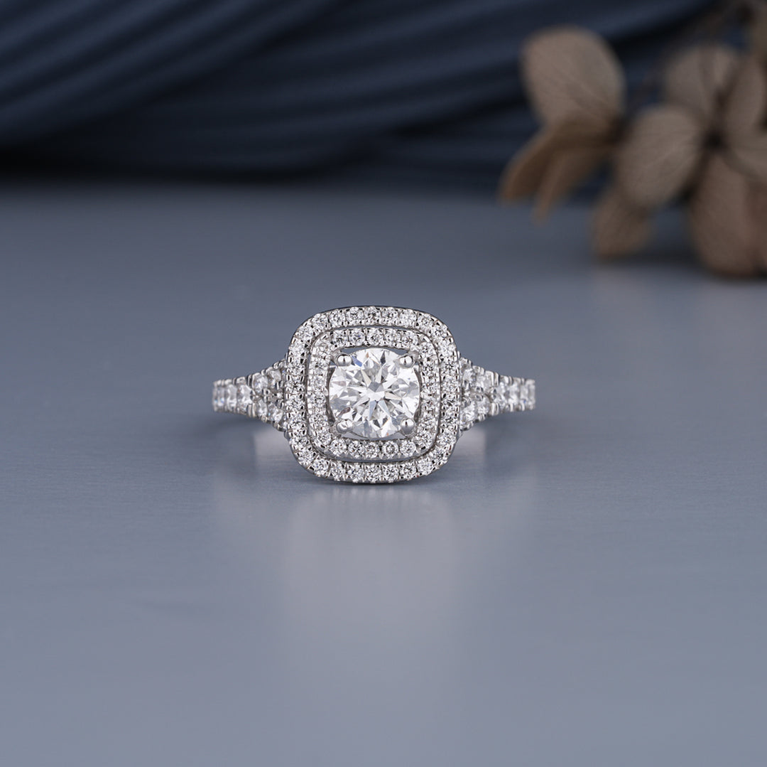 18K White Gold Round Cut Split Shank Halo Diamond Engagement Ring