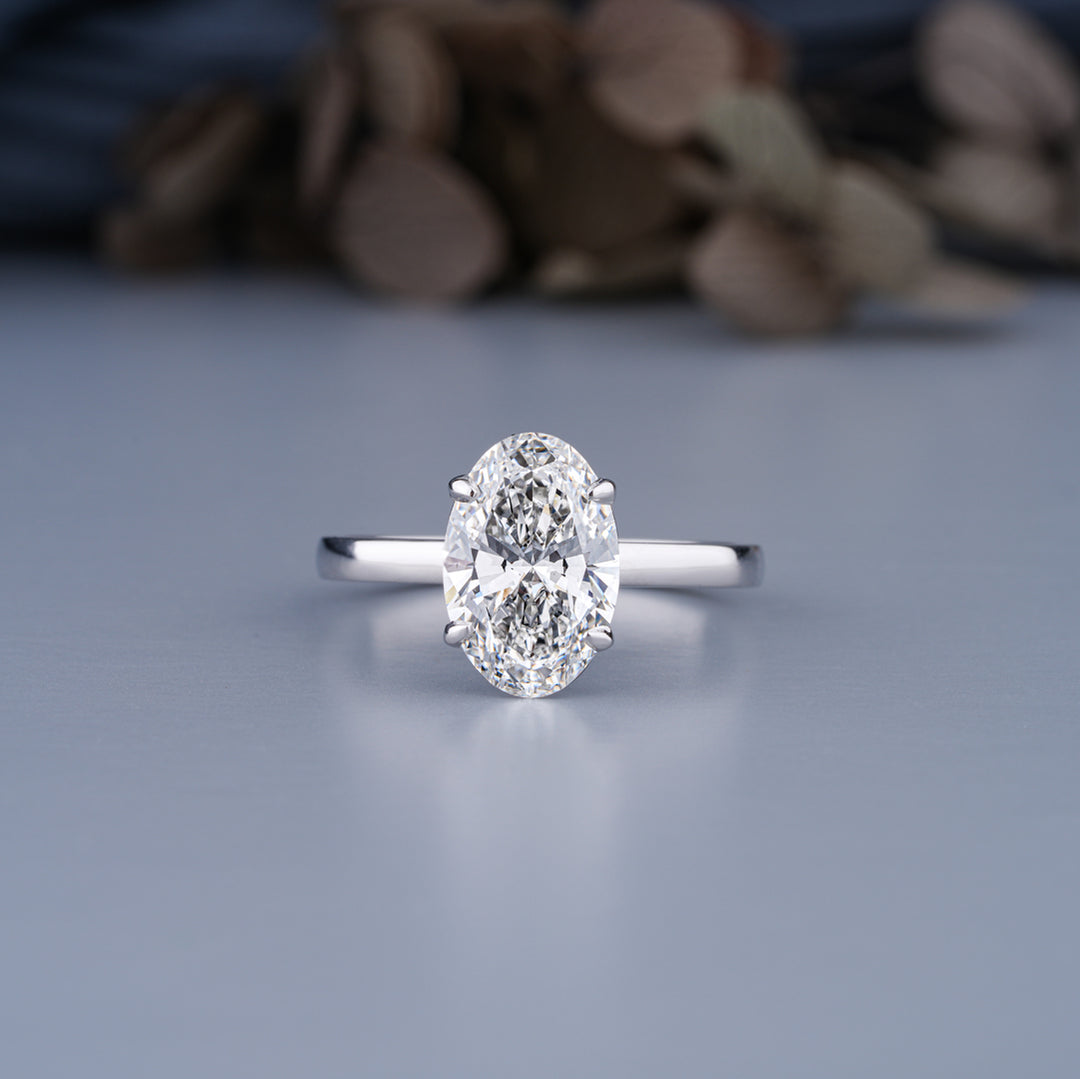 10K White Gold Hidden Halo Oval And Round Cut Diamond Engagement Ring