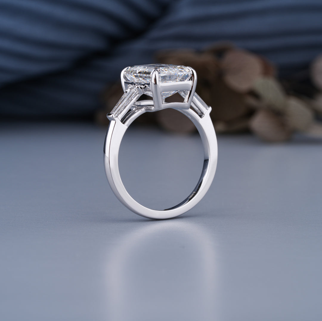 14K White Gold Three Stone Emerald Shaped Diamond Engagement Ring