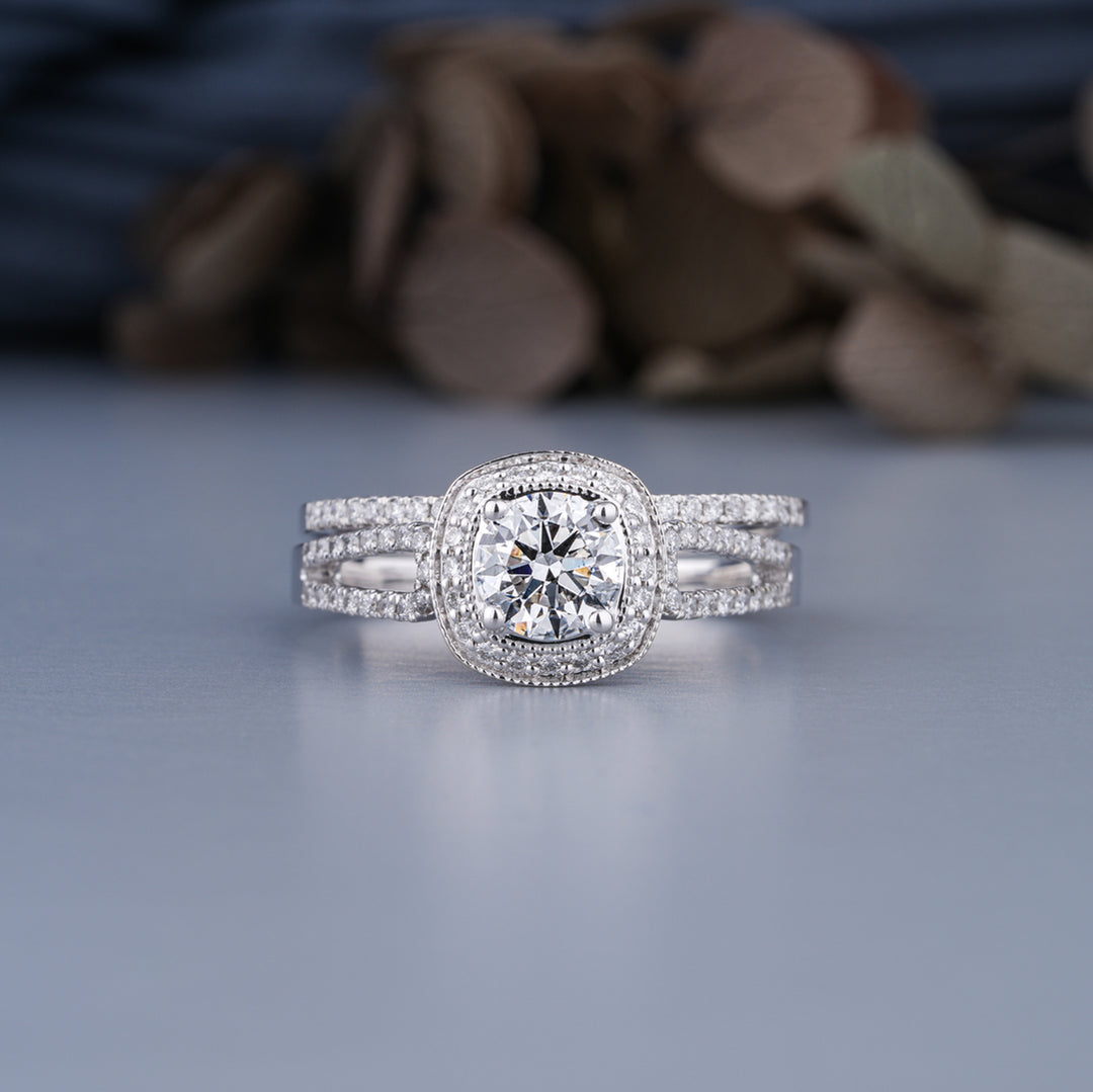 18K White Gold Round Diamond Engagement With Wedding Matching Band Set Ring