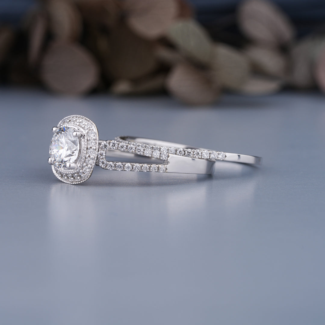 10K White Gold Round Diamond Engagement With Wedding Matching Band Set Ring