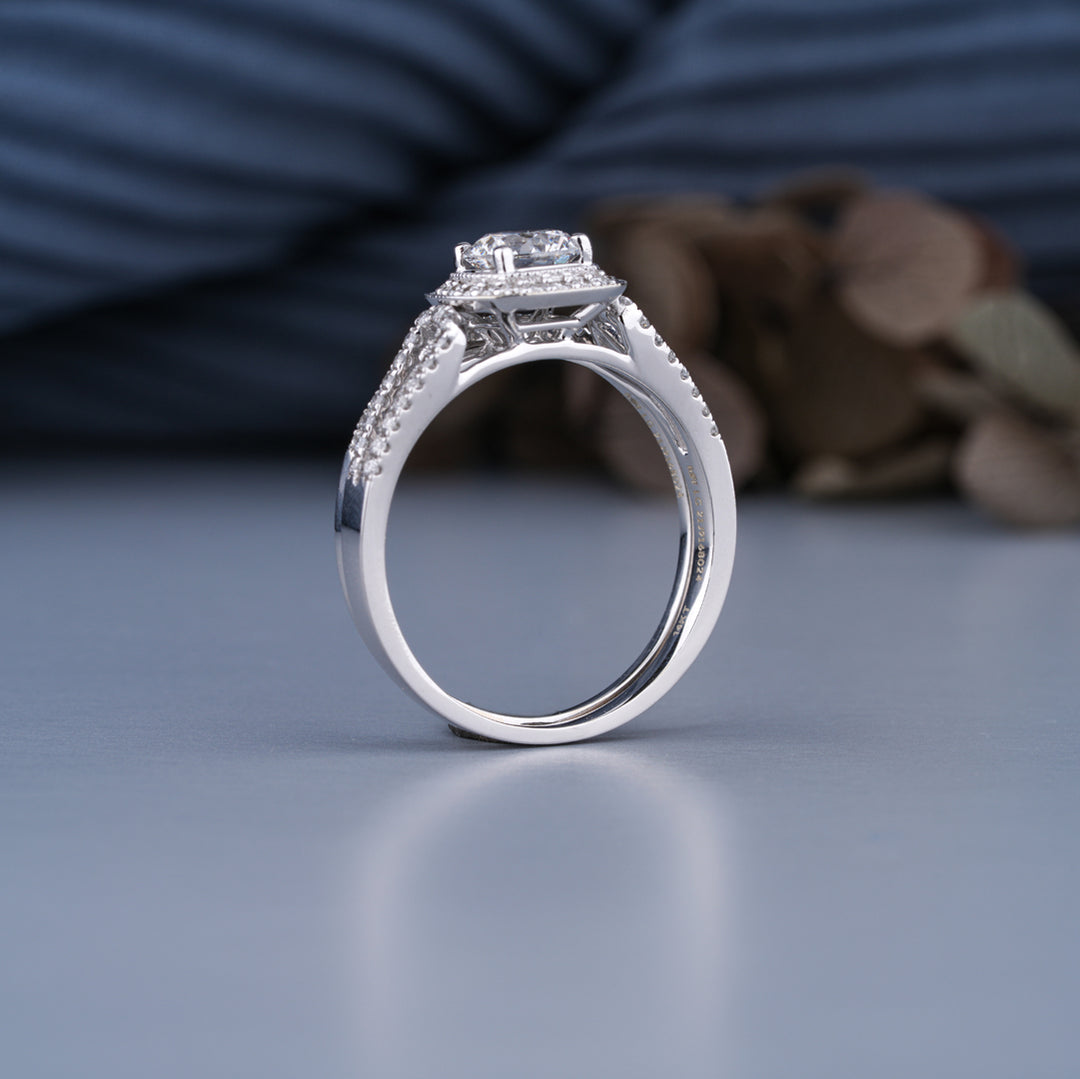 18K White Gold Round Diamond Engagement With Wedding Matching Band Set Ring