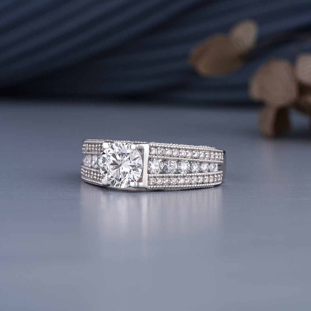 18K White Gold Round Cut Diamond Milgrain Engagement Ring