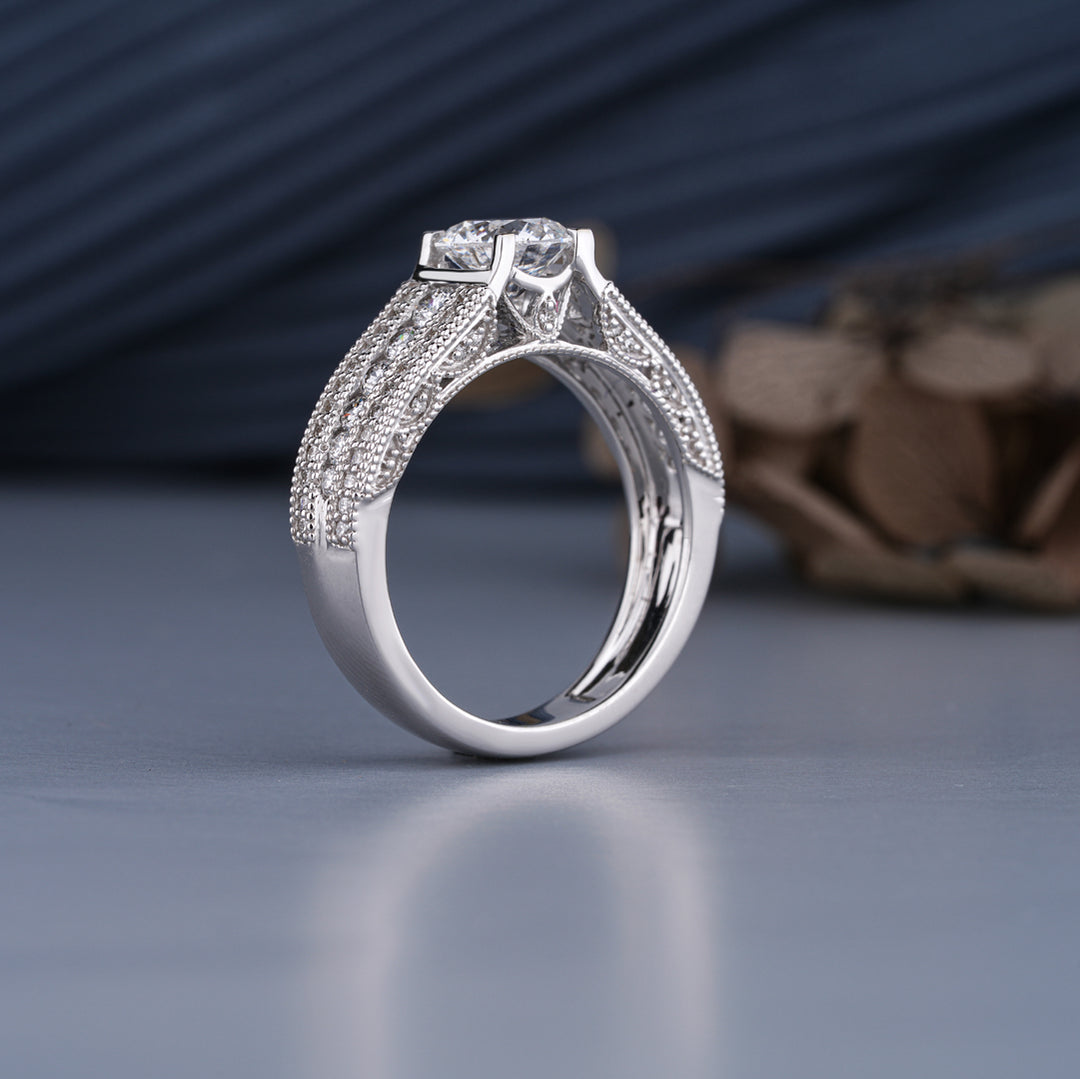 14K White Gold Round Cut Diamond Milgrain Engagement Ring