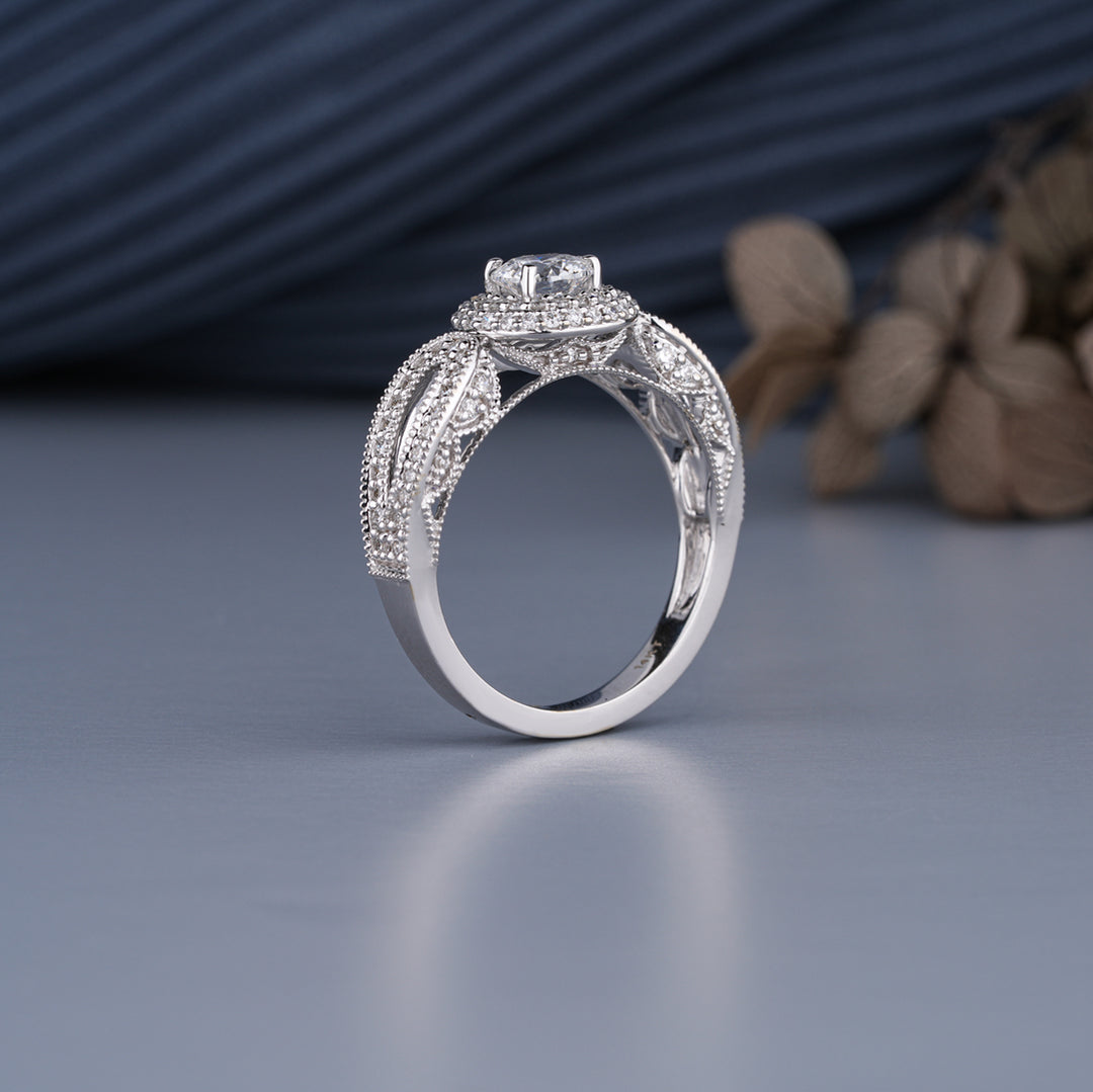10K White Gold Round Cut Heirloom Milgrain Diamond Engagement Ring