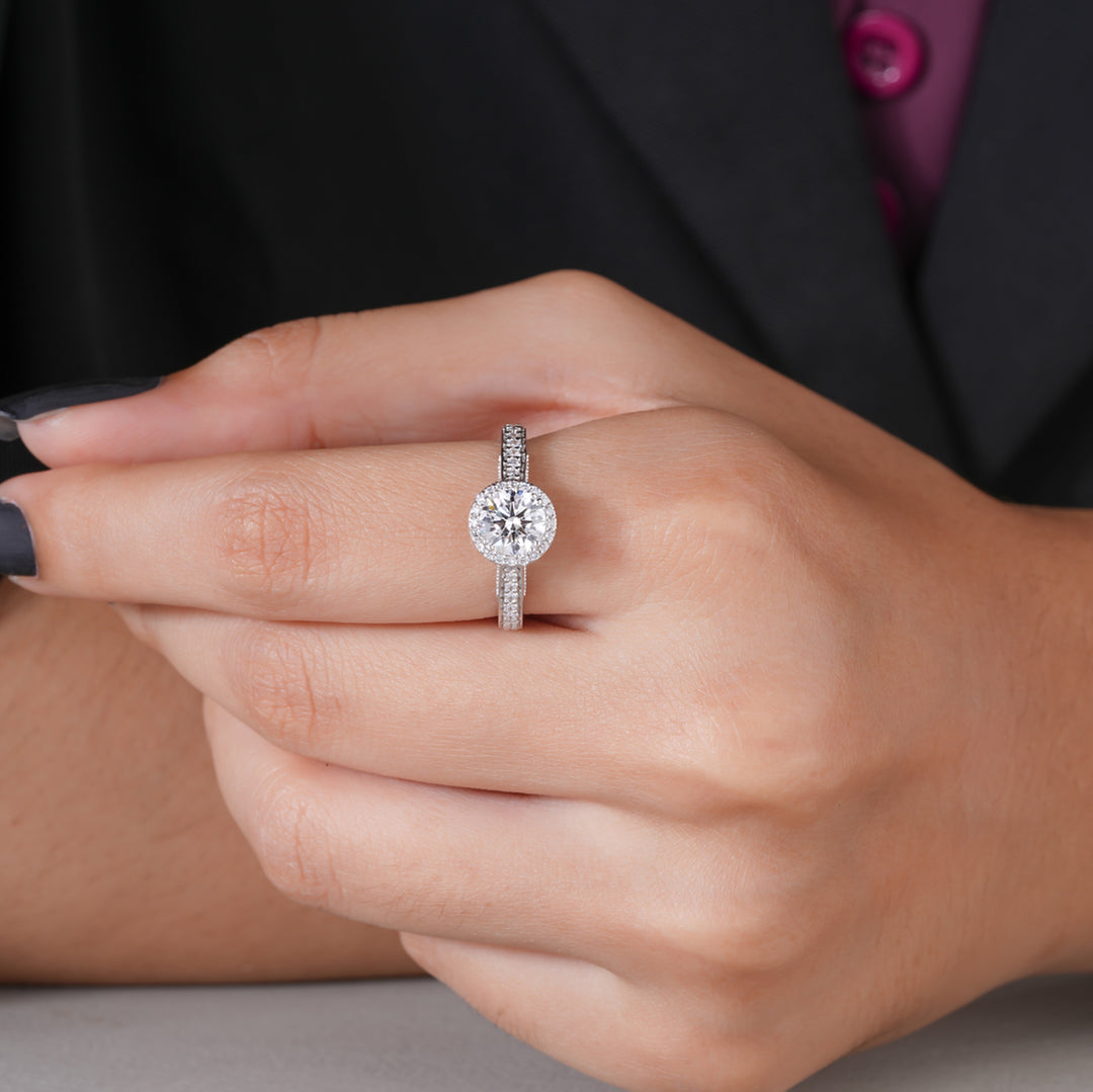10K White Gold Round Shaped Milgrain Halo Diamond Engagement Ring