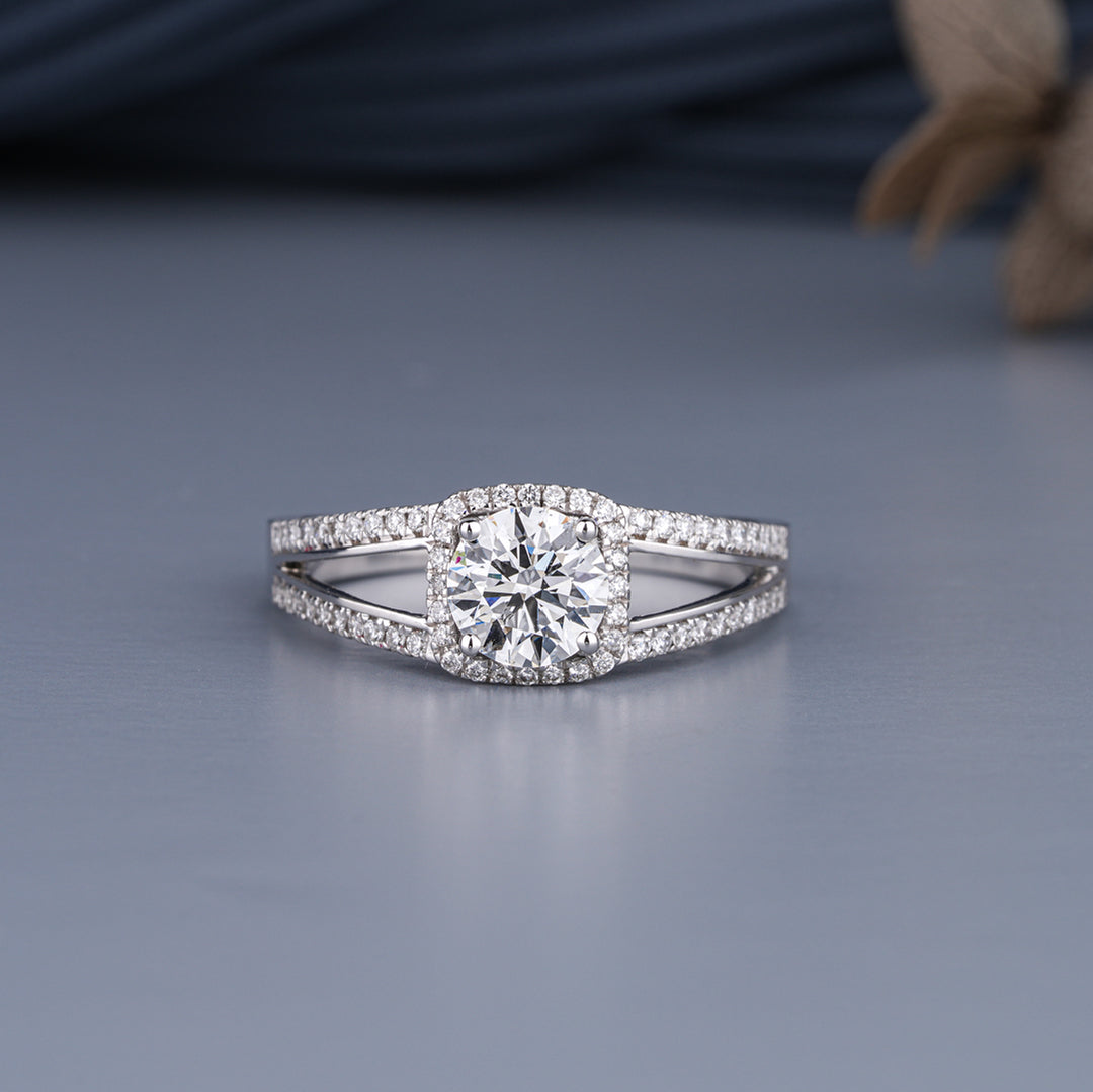 14K White Gold Mirella Split Shank Halo Diamond Engagement Ring
