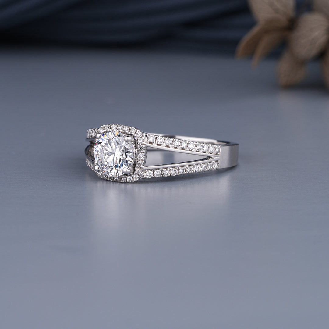 18K White Gold Mirella Split Shank Halo Diamond Engagement Ring