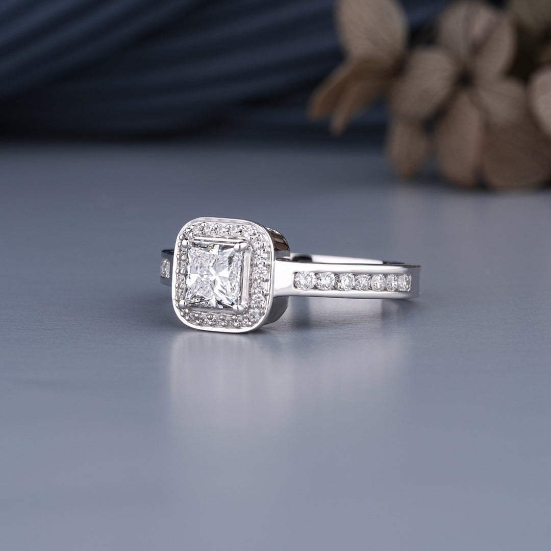 10K White Gold Princess Cut Perfect Halo Diamond Ring