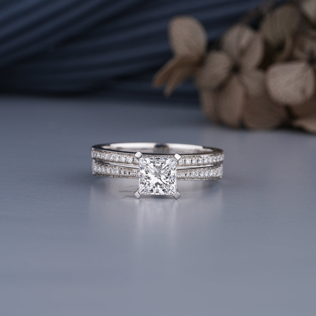18K White Gold Princess Cut Diamond Engagement With Wedding Matching Band Set Ring