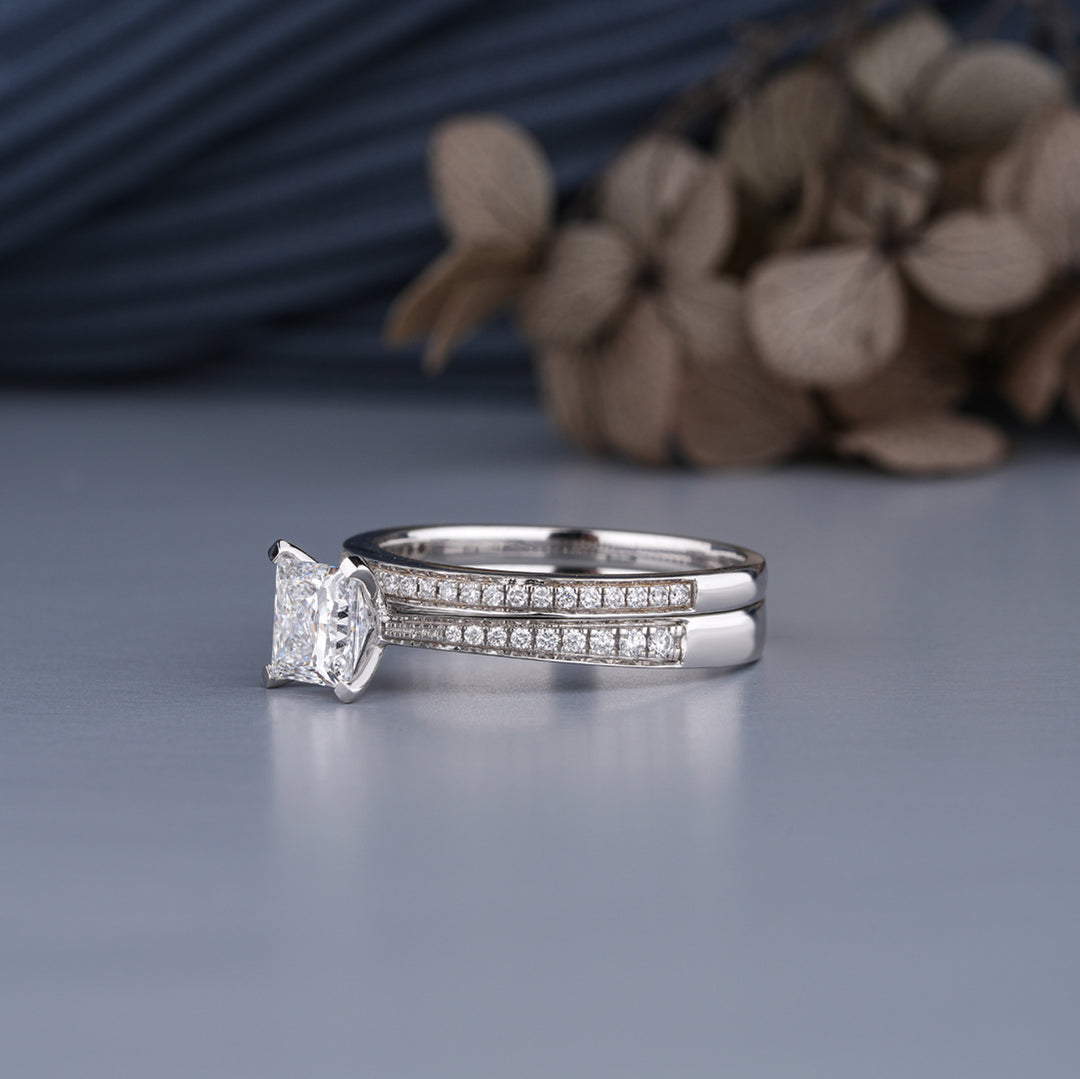 18K White Gold Princess Cut Diamond Engagement With Wedding Matching Band Set Ring