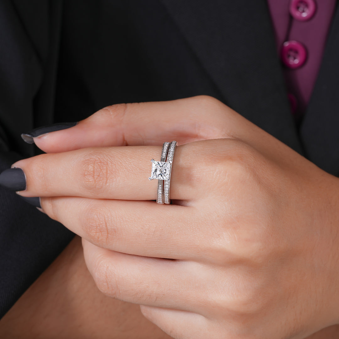 10K White Gold Princess Cut Diamond Engagement With Wedding Matching Band Set Ring