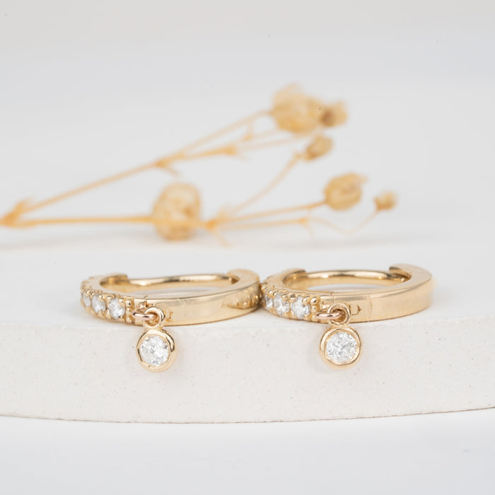 Hoop Earrings with Bezel-Set Round Diamond Dangle 0.28 CTW – 14 Stones | 10K, 14K, 18K Gold | IGI Certified