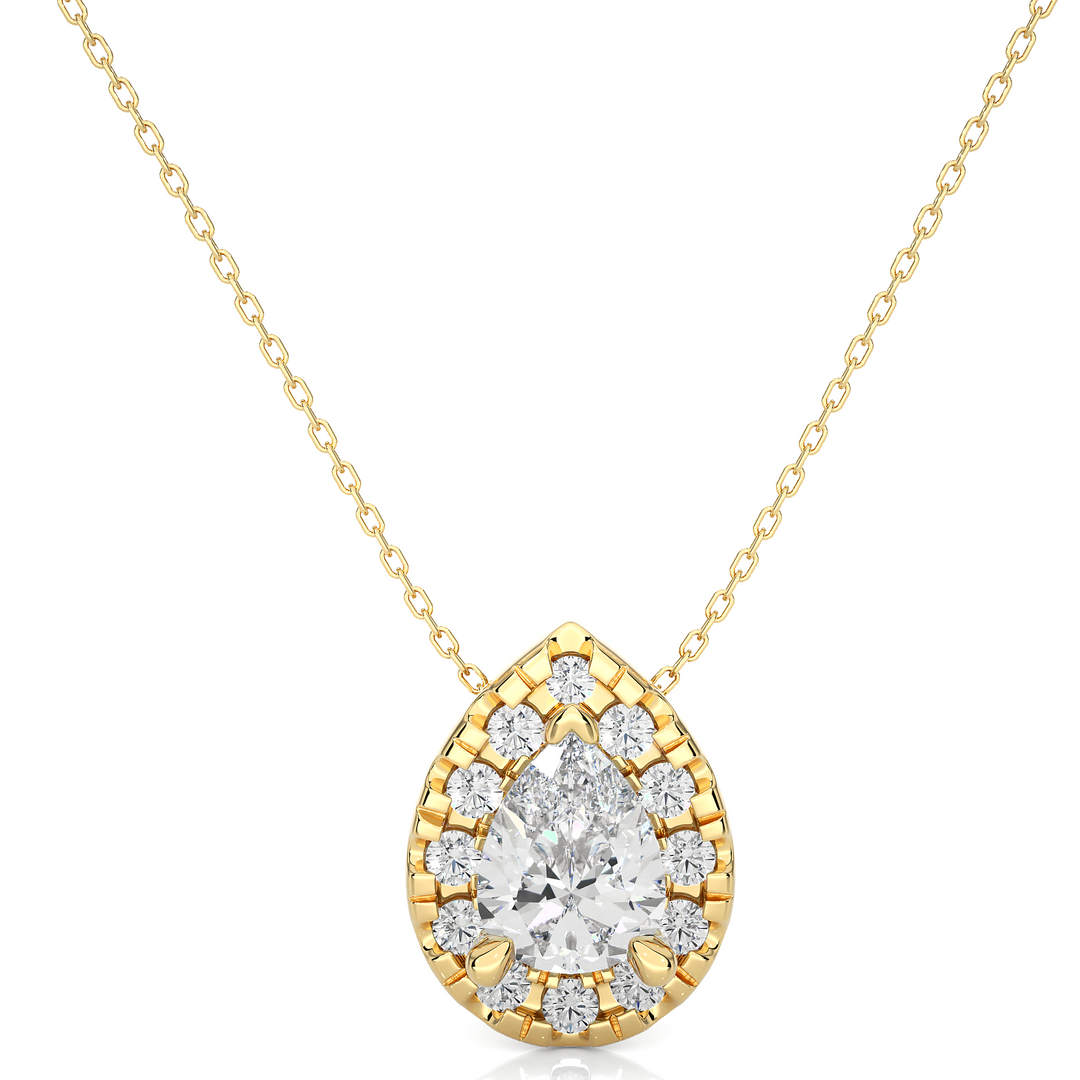 0.80 CT Lab-Grown Diamond Halo Pendant Necklace | Pear & Round Diamonds | Solid Gold