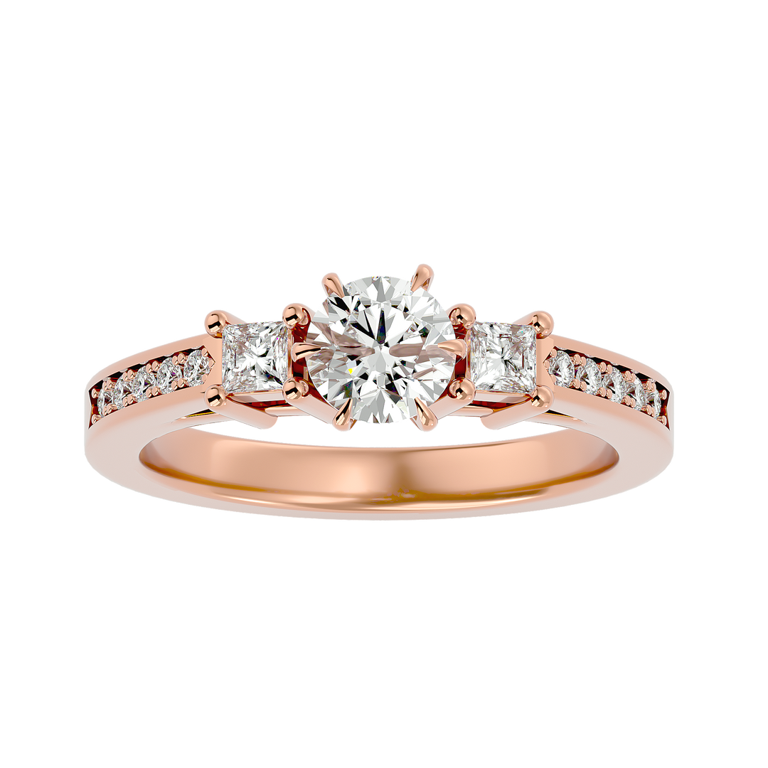 0.85 CT Round Center with Princess Cut Side Lab Grown Diamond Three Stone Ring | 13 Stone Gold Band