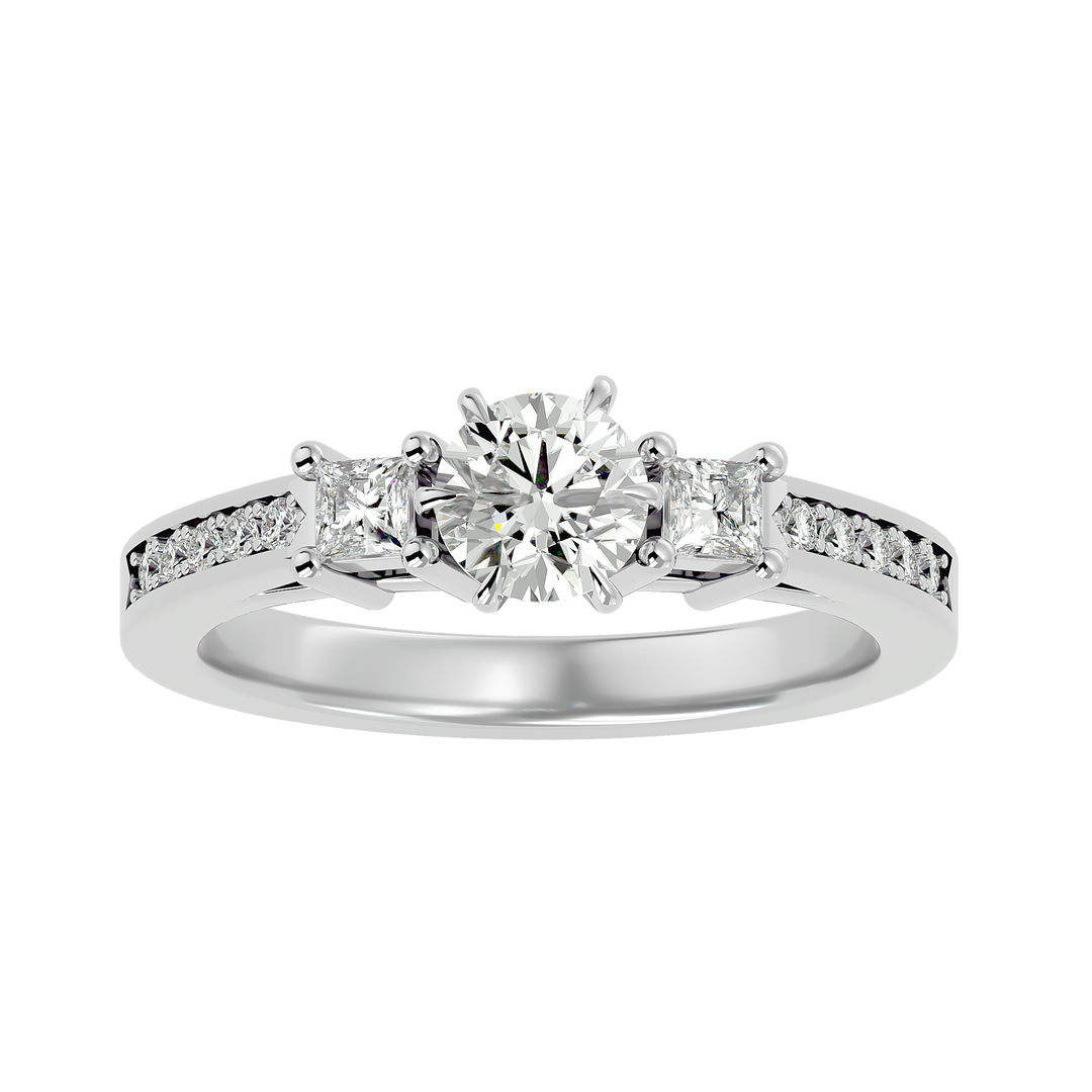 0.85 CT Round Center with Princess Cut Side Lab Grown Diamond Three Stone Ring | 13 Stone Gold Band