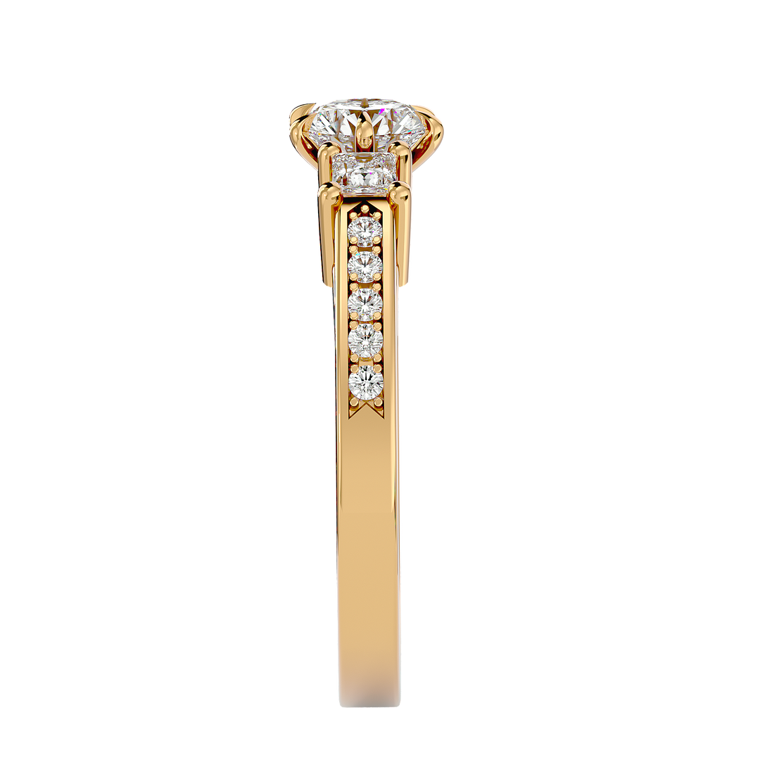 0.85 CT Round Center with Princess Cut Side Lab Grown Diamond Three Stone Ring | 13 Stone Gold Band