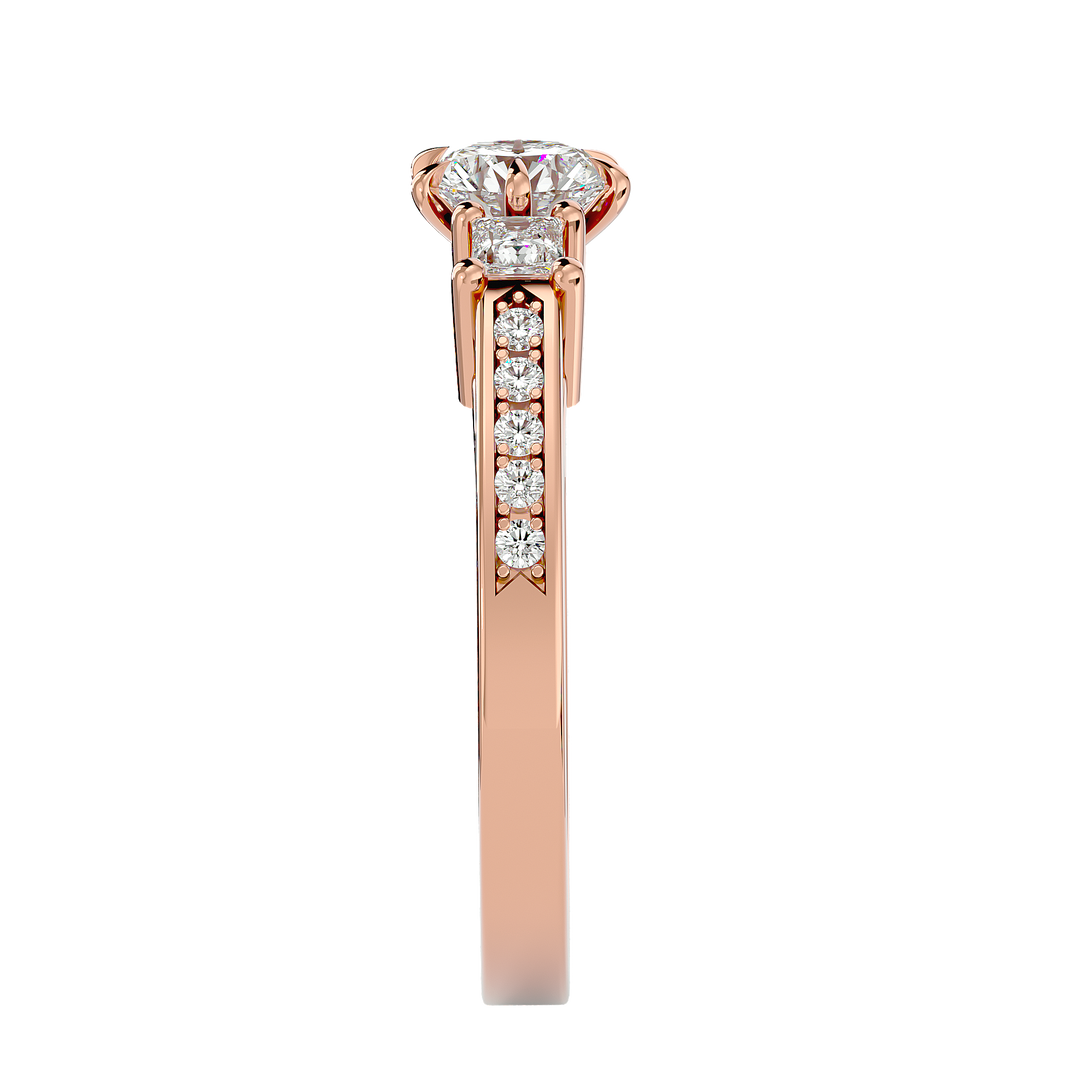0.85 CT Round Center with Princess Cut Side Lab Grown Diamond Three Stone Ring | 13 Stone Gold Band