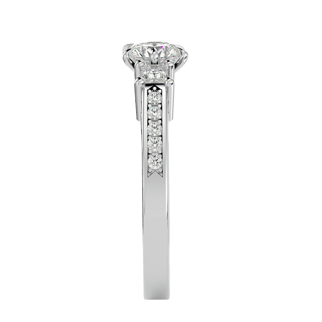 0.85 CT Round Center with Princess Cut Side Lab Grown Diamond Three Stone Ring | 13 Stone Gold Band