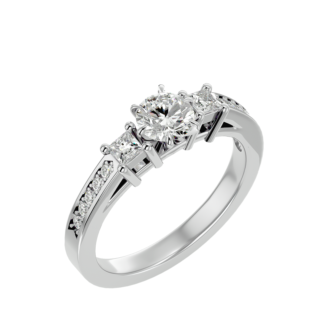 0.85 CT Round Center with Princess Cut Side Lab Grown Diamond Three Stone Ring | 13 Stone Gold Band