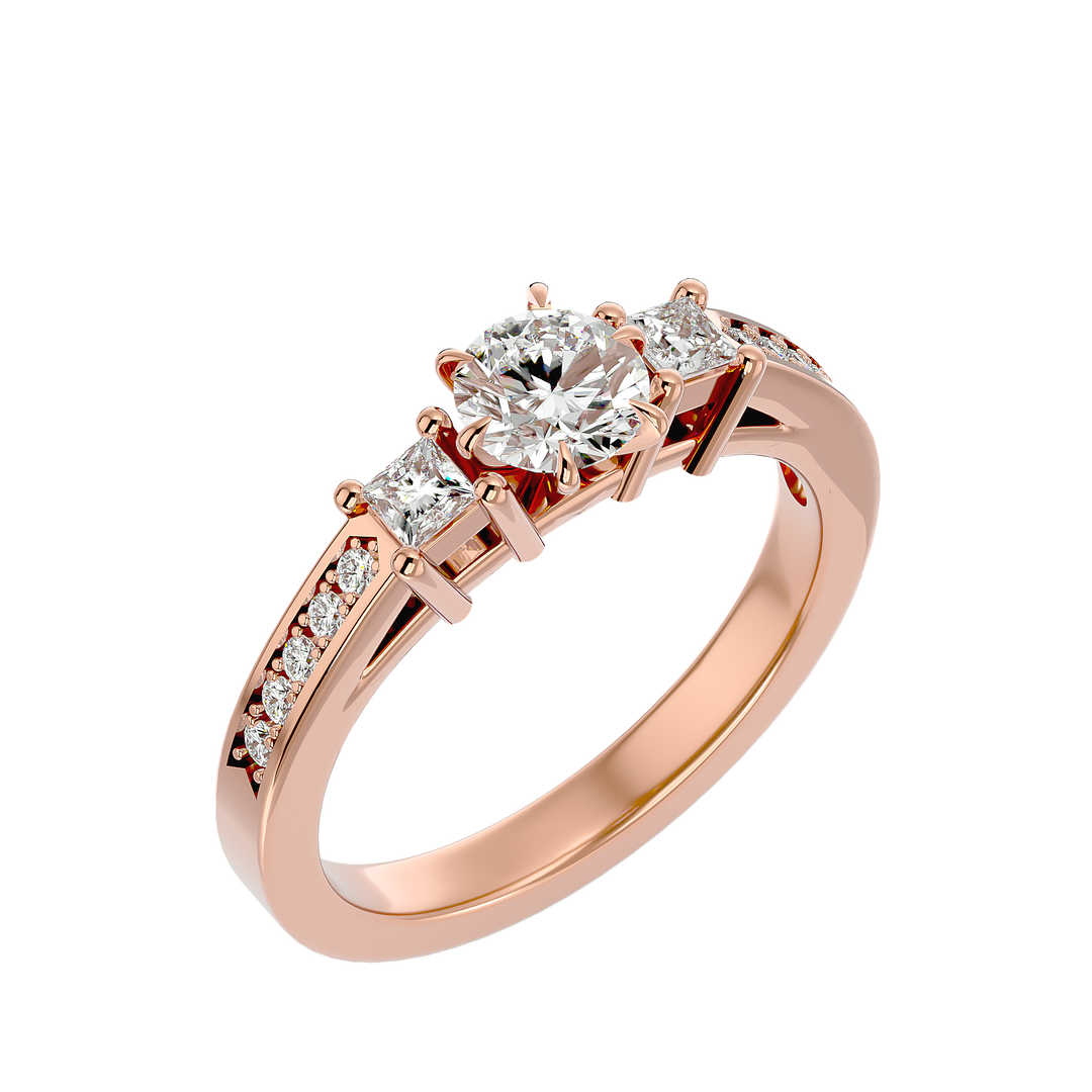 0.85 CT Round Center with Princess Cut Side Lab Grown Diamond Three Stone Ring | 13 Stone Gold Band
