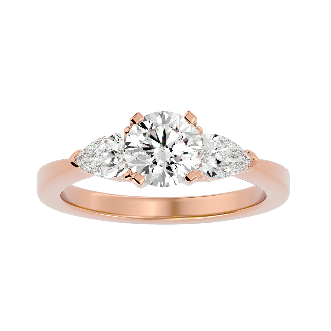 1.59 CT Round Center with Pear Side Lab Grown Diamond Three Stone Ring | 3 Stone Gold Band