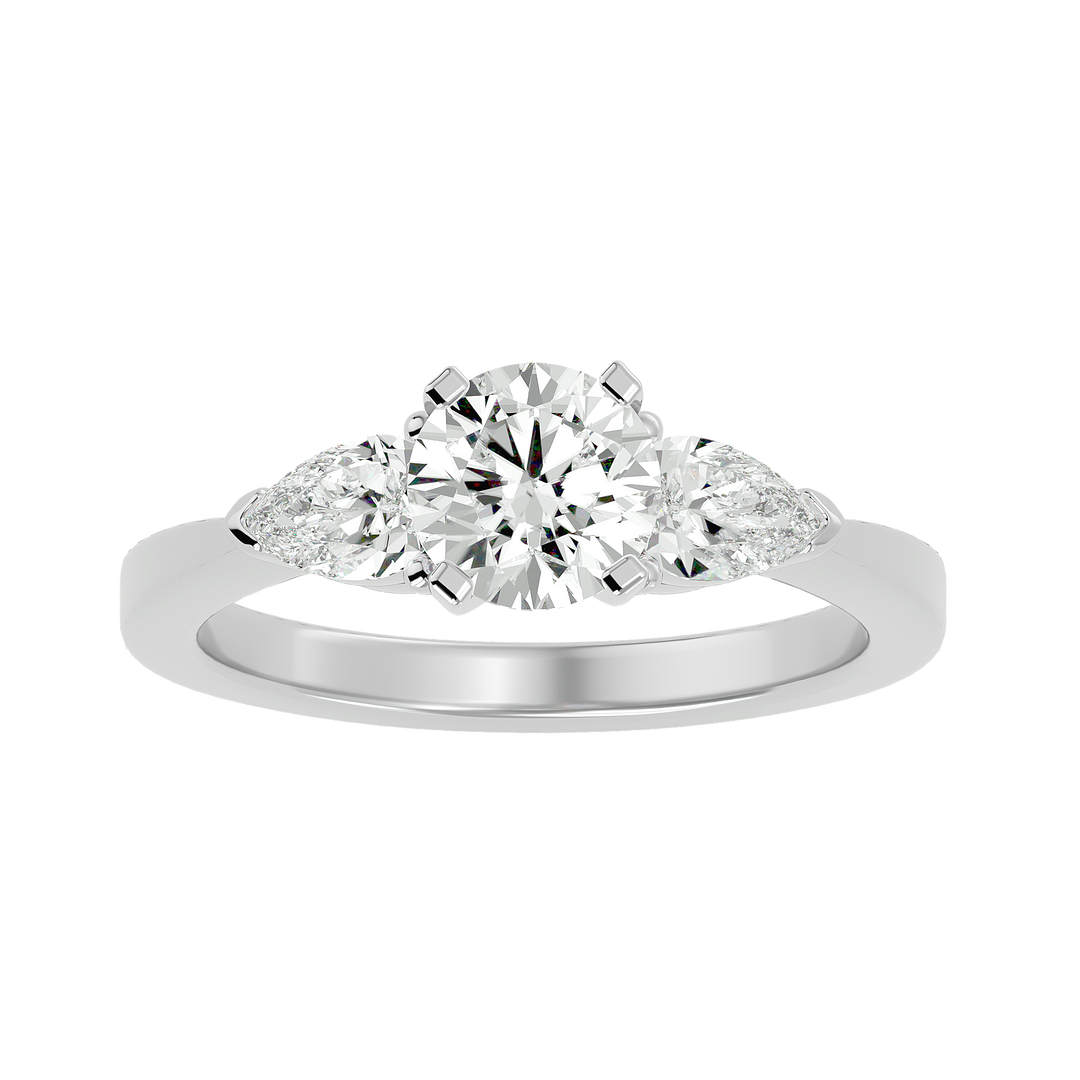1.59 CT Round Center with Pear Side Lab Grown Diamond Three Stone Ring | 3 Stone Gold Band
