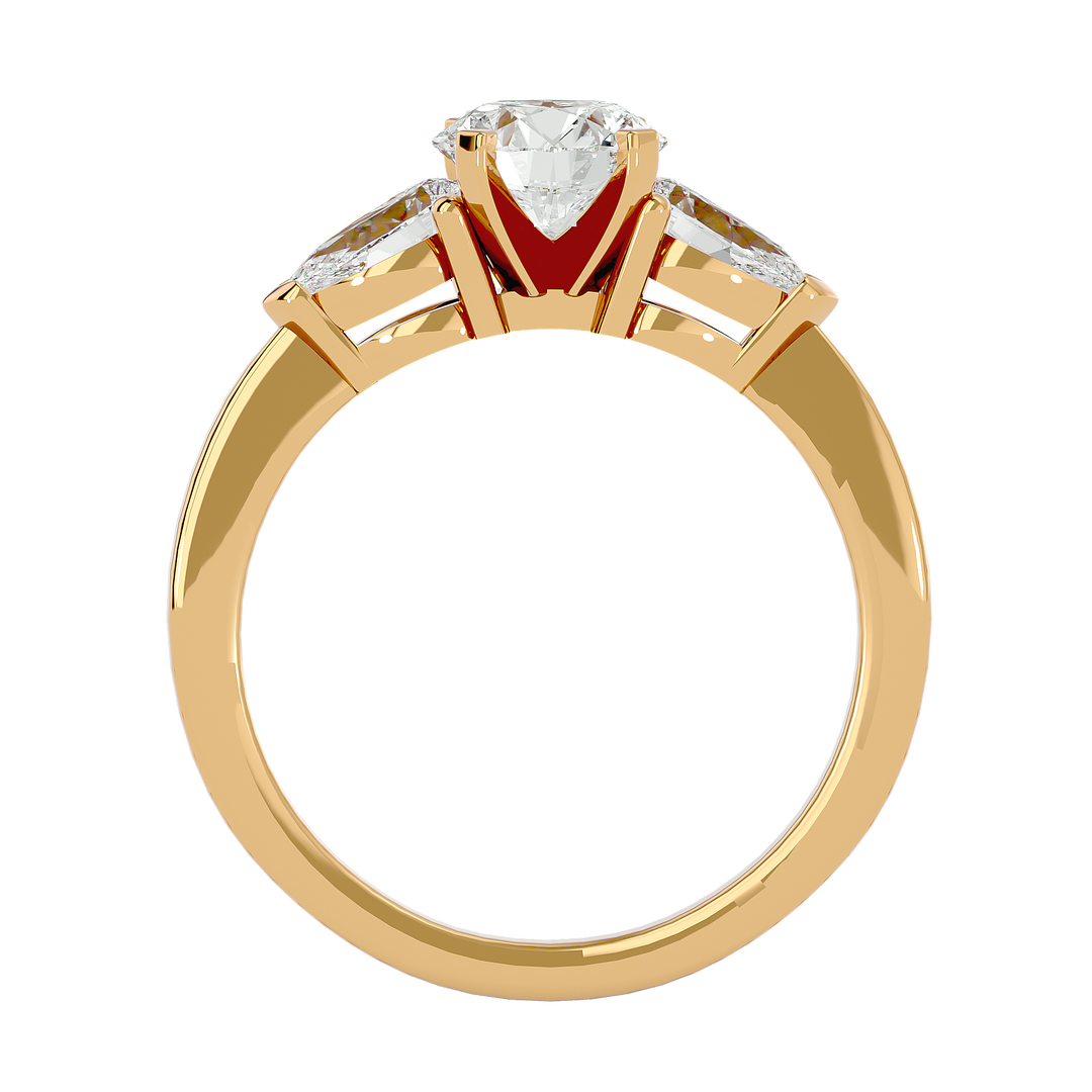 1.59 CT Round Center with Pear Side Lab Grown Diamond Three Stone Ring | 3 Stone Gold Band